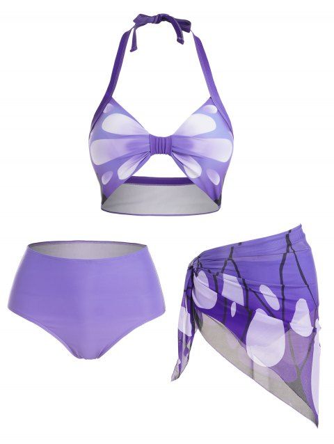Butterfly Print Halter Bikini Swimsuit Padded Bikini Three Piece Swimwear High Waist Swim Skirt Bathing Suit