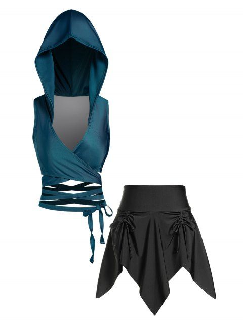 Hooded Bandage Wrap Tankini Swimsuit Handkerchief Skorts Tankini Swimwear Padded Bathing Suit