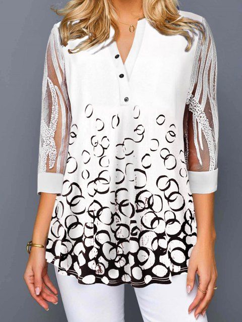 Round Print Half Button Top See Thru Embroidery Lace Sleeve Top