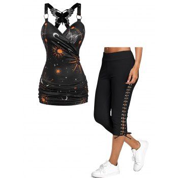 

Celestial Sun Moon Star Print Lace Insert Ruched Surplice Tank Top And Lace Up Skinny Crop Leggings Casual Outfit, Black