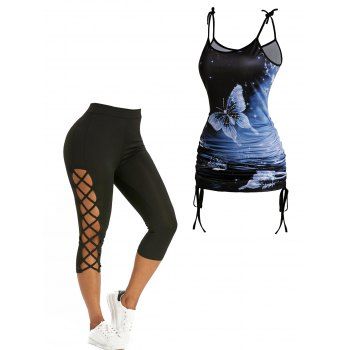 

Water Butterfly Print Cinched Bowknot Strap Long Tank Top And High Rise Lattice Capri Pants Outfit, Black