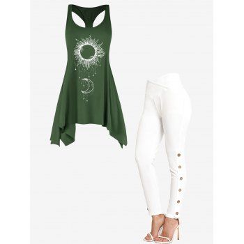 

Celestial Sun Moon Print Asymmetric Tank Top And Crossover Elastic Waist Mock Button Leggings Casual Outfit, Multicolor