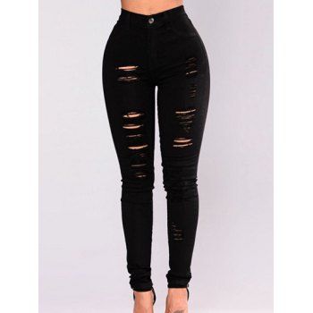 

Ripped Jeans Solid Color High Waisted Pockets Zipper Fly Distressed Skinny Denim Pants, Black