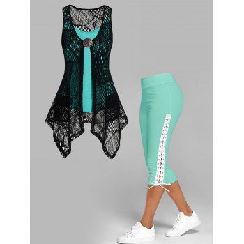 

See Thru Geometric Hollow Out Asymmetric Colorblock Sleeveless Top And Lace Up Capri Leggings Outfit, Light green