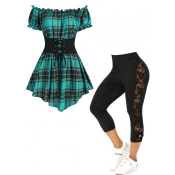 

Off The Shoulder Corset Waist Puff Sleeve Plaid Top And Lace Panel Elastic Waist Capri Leggings Outfit, Multicolor
