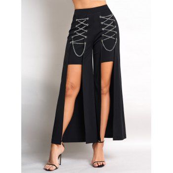 

Chain Lace Up High Slit Wide Leg Pants Elastic Waist Long Loose Pants, Black