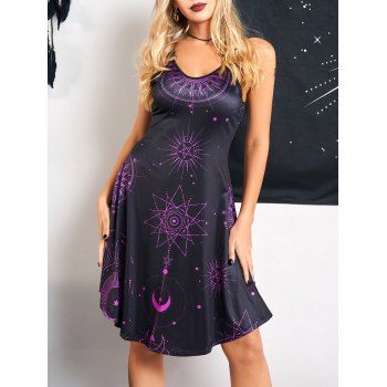 

Celestial Moon Star Print A Line Dress Sleeveless O Ring Strap V Neck High Waist Dress, Black