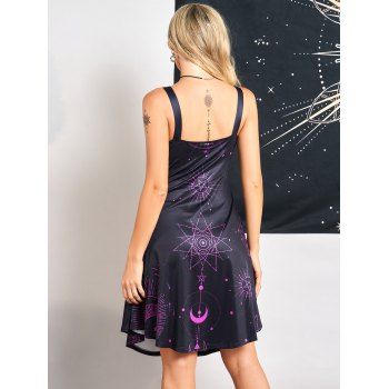 Celestial Moon Star Print A Line Dress Sleeveless O Ring Strap V Neck High Waist Dress