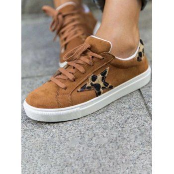 

Leopard Print Star Lace Up Flat Platform Casual Outdoor Shoes, Brown