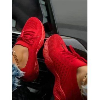 

Plain Color Lace Up Thick Platform Breathable Casual Outdoor Shoes, Red