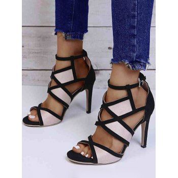 

Two Tone Color Cut Out Buckle Strap High Heels Open Toe Casual Outdoor Sandals, Beige