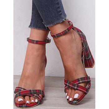 

Plaid Print Crossover Backless Fish Mouth Toe Chunky Heek Ankle Sandals, Red wine