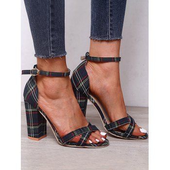 

Plaid Print Crossover Backless Fish Mouth Toe Chunky Heek Ankle Sandals, Black