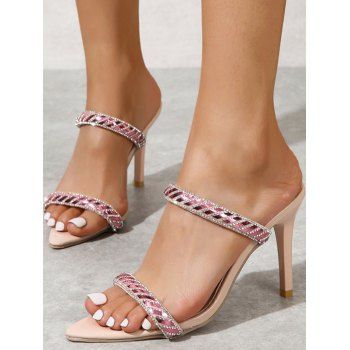 

Rhinestone Slip On Open Toe Summer High Heel Slippers, Pink