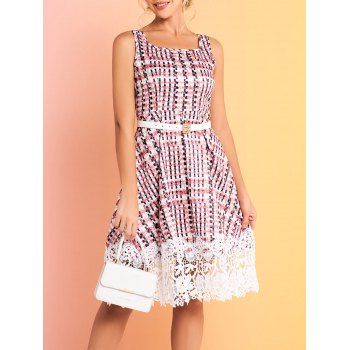 

Allover Print Belted Midi Dress Contrasting Hollow Out Guipure Lace Panel Sleeveless Dress, Light pink