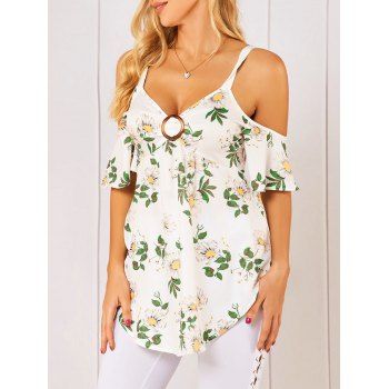 

Flower Print O Ring Cold Shoulder Tank Top, White