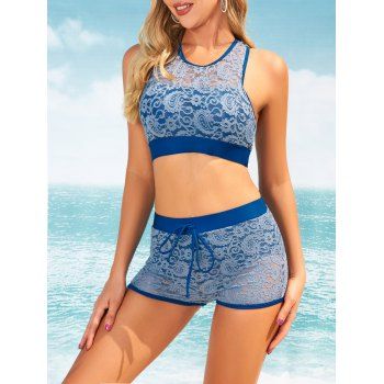 

Beach Tankini Swimsuit Paisley Flower Lace Panel Swimwear Padded Cut Out Swim Shorts Vacation Bathing Suit, Deep blue