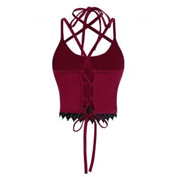 

Contrast Flower Lace Panel Crop Top Crossover Halter Lace Up Cropped Top, Deep red