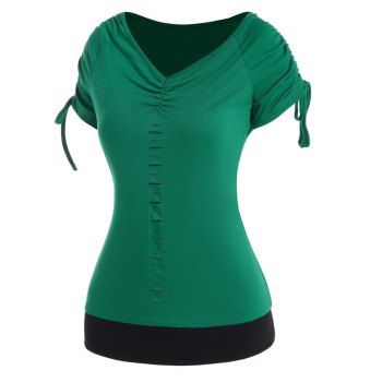 

Colorblock Panel Ripped T-shirt Cinched Short Sleeve V Neck Casual Tee, Deep green