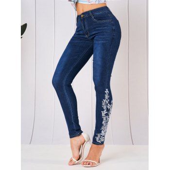 

Skinny Jeans Embroidery Flower Butterfly Rhinestone Zipper Fly Pockets Long Denim Pants, Deep blue