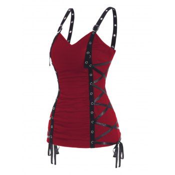 

Plain Color Tank Top Ruched Grommet Lace Up Casual Tank Top, Deep red