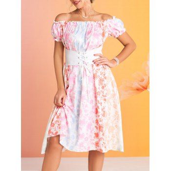 

Off The Shoulder Floral Print Dress Pastel Color Ruffles Puff Sleeve Lace Up Dress, Multicolor