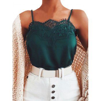 

Lace Panel Scalloped Cami Top Plain Color Spaghetti Strap Casual Tank Top, Deep green