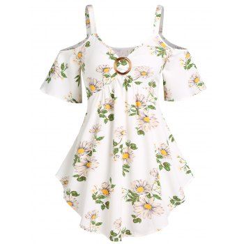 

Flower Print O Ring Cold Shoulder Tank Top, White