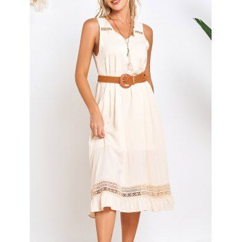 

Hollow Out Sleeveless Midi Dress V Neck Solid Color Belted Casual Dress, Light coffee