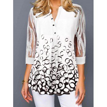 

Round Print Half Button Top See Thru Embroidery Lace Sleeve Top, White