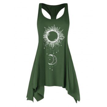 

Celestial Sun Moon Print Asymmetric Tank Top Long Casual Tank Top, Green