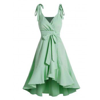 

Solid Color Surplice Plunge Midi Dress Bowknot Tie Shoulder Belted Overlap Flounce High Waist Dress, Light green