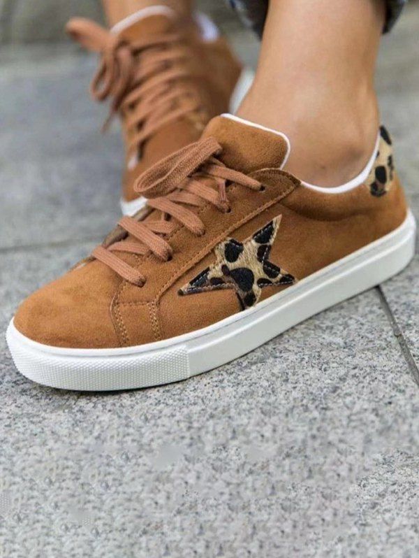 Leopard Print Star Lace Up Flat Platform Casual Outdoor Shoes - BROWN EU 42