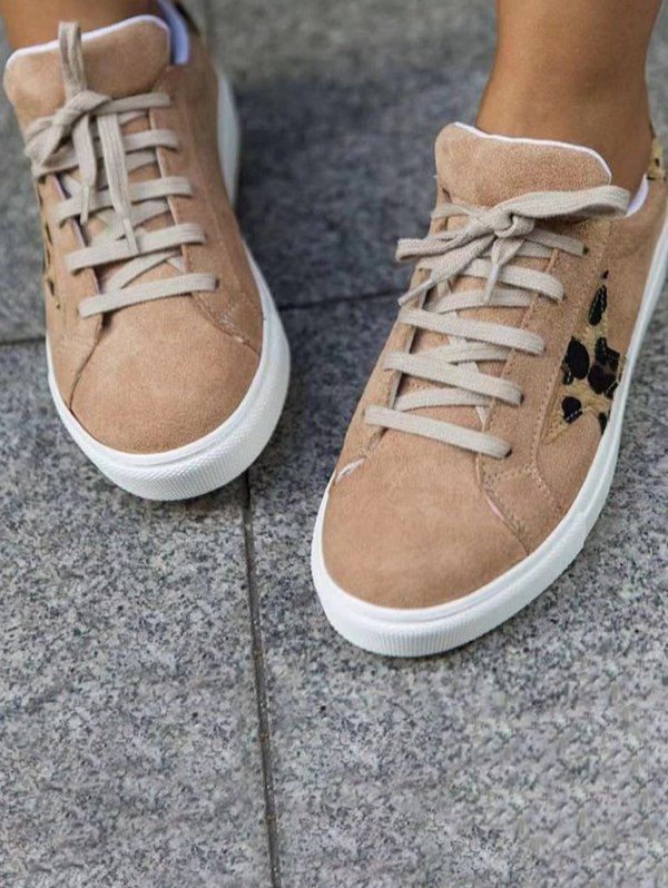 Leopard Print Star Lace Up Flat Platform Casual Outdoor Shoes - TAN EU 42