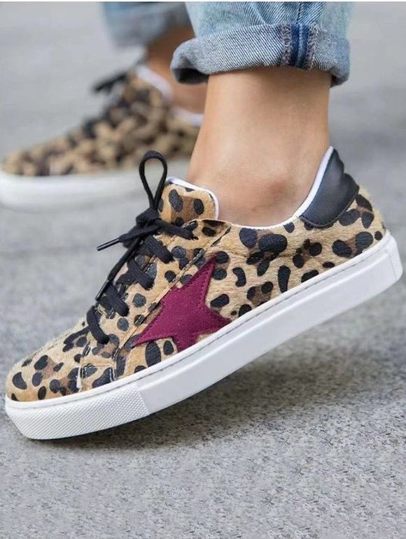 Leopard Print Star Lace Up Flat Platform Casual Outdoor Shoes - Léopard EU 42