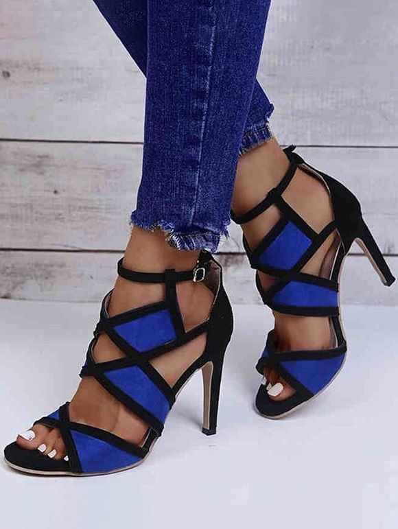 Two Tone Color Cut Out Buckle Strap High Heels Open Toe Casual Outdoor Sandals - Bleu EU 40