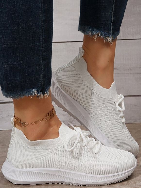 Breathable Lace Up Slip On Sport Shoes - Blanc EU 35