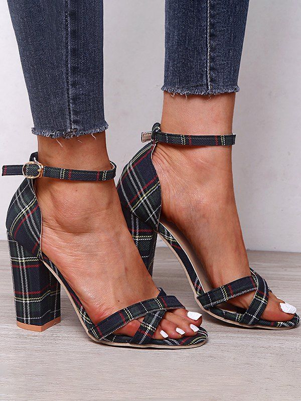 Plaid Print Crossover Backless Fish Mouth Toe Chunky Heek Ankle Sandals - BLACK EU 42