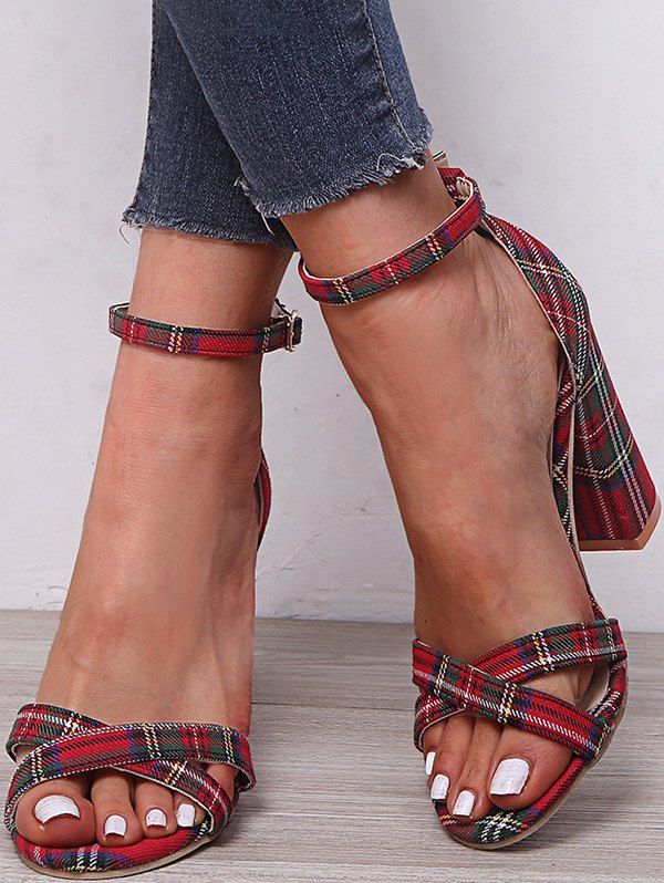 Plaid Print Crossover Backless Fish Mouth Toe Chunky Heek Ankle Sandals - RED WINE EU 42