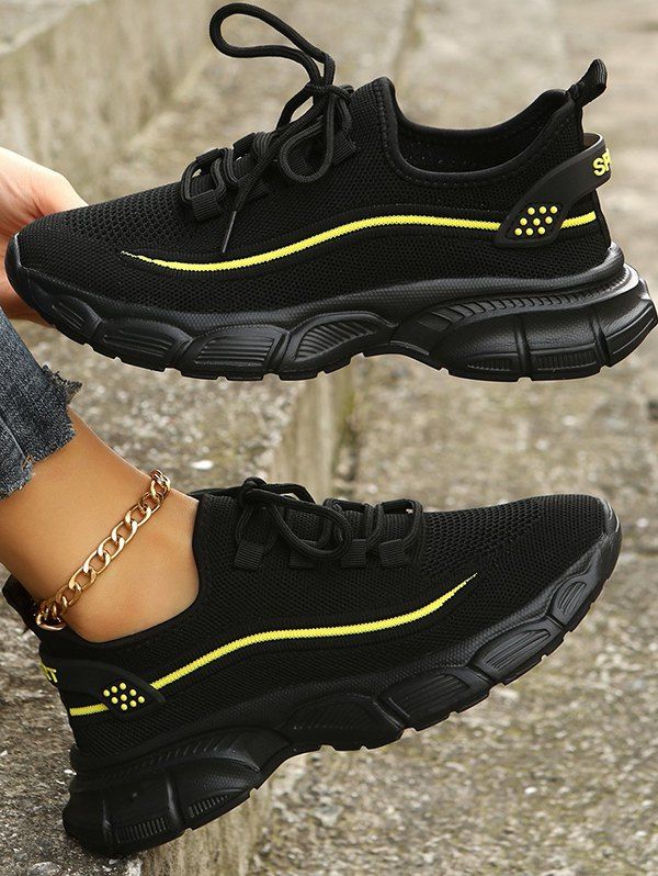 Lace Up Thick Platform Breathable Outdoor Sports Shoes - BLACK EU 42