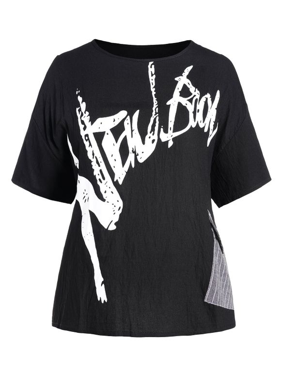 T-shirt Rayé Imprimé Patch Design à Demi-Manches de Grande Taille - Noir 2XL