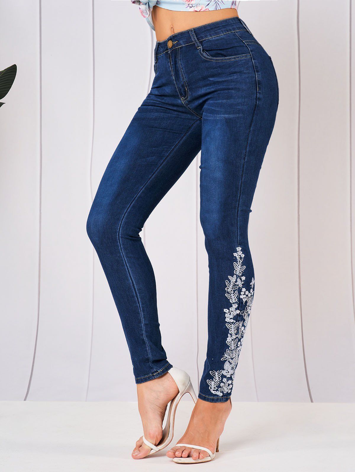 Skinny Jeans Embroidery Flower Butterfly Rhinestone Zipper Fly Pockets Long Denim Pants - DEEP BLUE L
