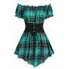 Off The Shoulder Corset Waist Puff Sleeve Plaid Top And Lace Panel Elastic Waist Capri Leggings Outfit - multicolor S