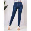 Pantalon Moulant Long Papillon Fleur Brodé Zippé avec Strass en Denim - Bleu profond M