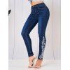 Skinny Jeans Embroidery Flower Butterfly Rhinestone Zipper Fly Pockets Long Denim Pants - DEEP BLUE L