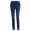 Pantalon Moulant Long Papillon Fleur Brodé Zippé avec Strass en Denim - Bleu profond XL