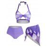 Butterfly Print Halter Bikini Swimsuit Padded Bikini Three Piece Swimwear High Waist Swim Skirt Bathing Suit - PURPLE S