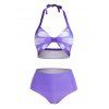 Butterfly Print Halter Bikini Swimsuit Padded Bikini Three Piece Swimwear High Waist Swim Skirt Bathing Suit - PURPLE M