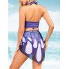 Butterfly Print Halter Bikini Swimsuit Padded Bikini Three Piece Swimwear High Waist Swim Skirt Bathing Suit - PURPLE L