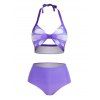 Butterfly Print Halter Bikini Swimsuit Padded Bikini Three Piece Swimwear High Waist Swim Skirt Bathing Suit - PURPLE L